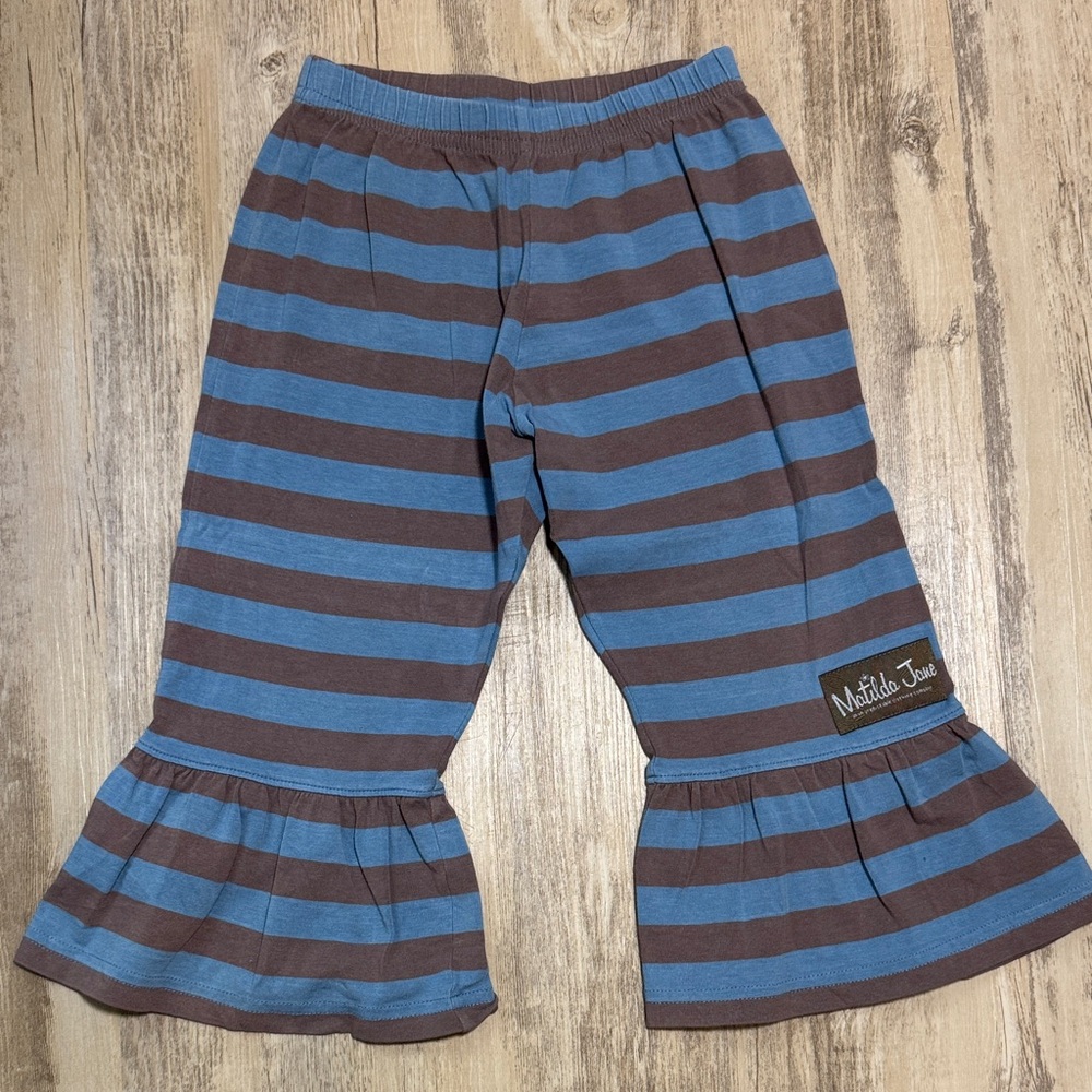 Matilda Jane size Gypsy Blue Cocoa striped ruffle pants brown/blue sz 2